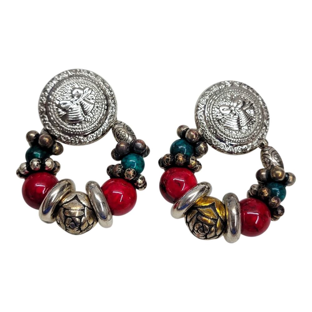 Vintage 80s Southwestern Chunky Beaded Earring Jacket Stud Dangle Clip Earrings